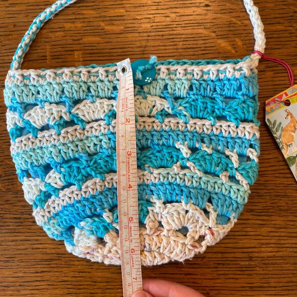 Handmade crochet cross-body bag striped cinch closure polka dot lining - Picture 6 of 7